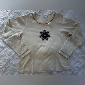 Denim&Co Cream Beaded Embroidered Cotton Long Sleeve Top Size Large NWOT